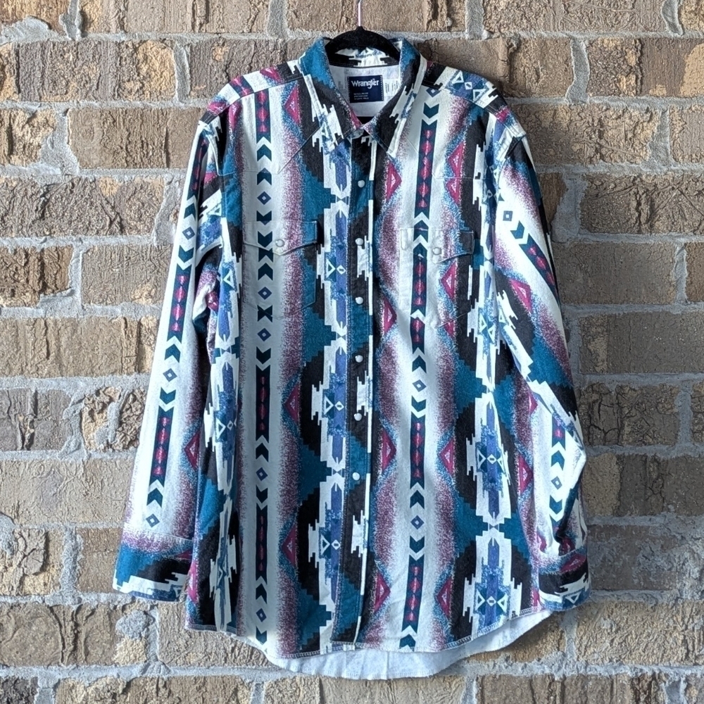 VTG 80s Wrangler Chamois Southwestern Aztec Tribal Long Sleeve Snap Shirt 19x36